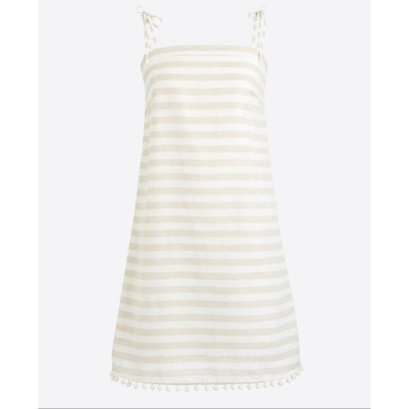 J.Crew beige striped Pom trim linen tie shoulder dress size xs - Picture 2 of 12